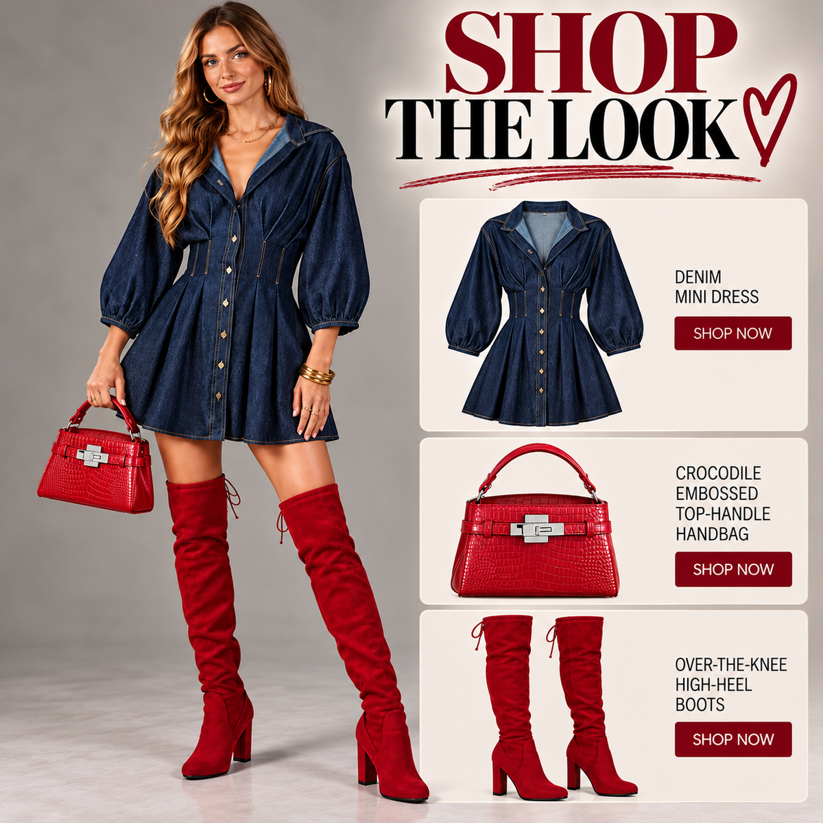 Denim Dress & Red Boots