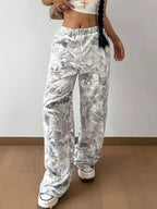 Women's light gray abstract print wide-leg casual pants with elastic waistband, relaxed fit and functional pockets.