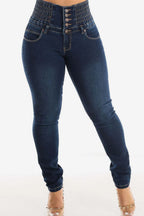 Women's high-waisted skinny jeans with multi-button front, smocked waistband, fitted legs and functional pockets.