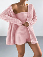 Women's three-piece ribbed knit outfit with long-sleeve open-front cardigan, strapless tube top and matching high-waisted shorts.