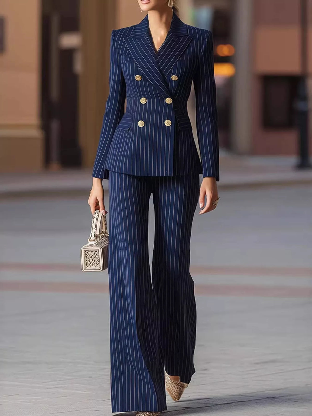 Women's pinstripe two-piece pantsuit with double-breasted blazer, decorative buttons and matching wide-leg trousers.