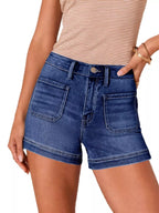 Women's high-waisted denim shorts with functional front pockets and classic blue denim finish.