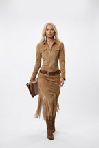 Women's camel Western fringe bodycon dress with zip-front neckline, long sleeves, pockets and flowing fringe details.