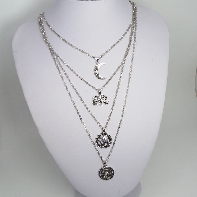 ✨ Boho Chic Layered Pendant Necklace Elephant, Moon &amp; Feather Jewelry Pendant Necklace