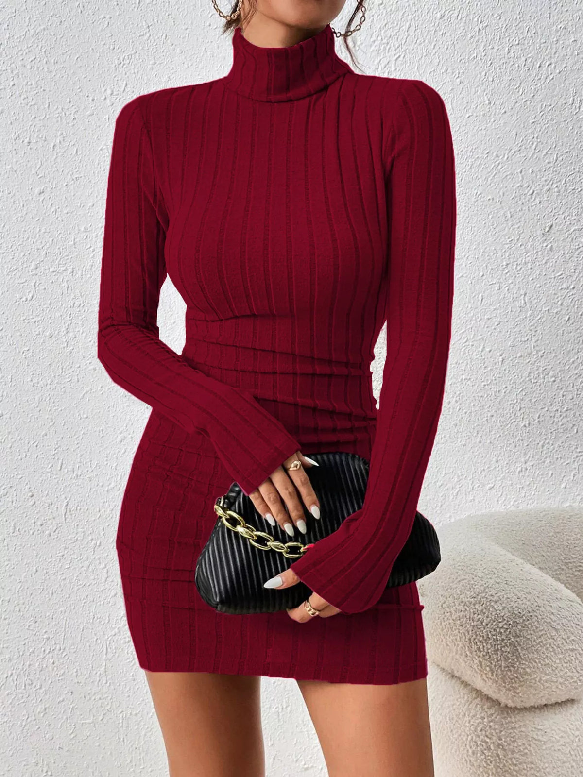 Women's ribbed knit turtleneck bodycon mini dress with long fitted sleeves and figure-hugging silhouette.