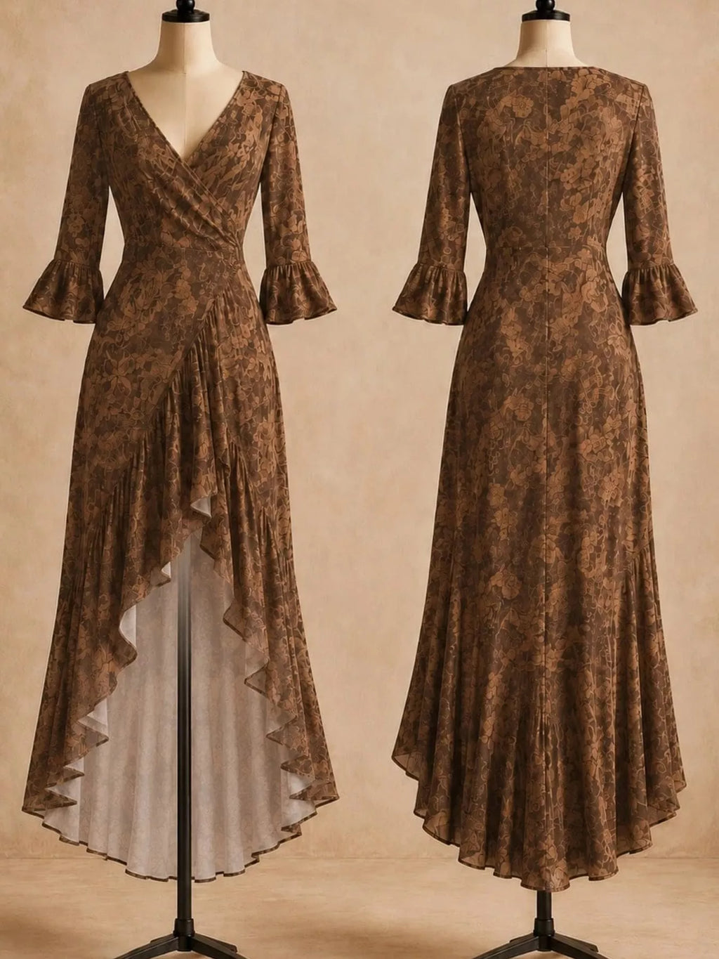 Women's floral high-low maxi dress with V-neckline, ruffled bell sleeves and flowing asymmetrical ruffle hem.