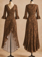 Women's floral high-low maxi dress with V-neckline, ruffled bell sleeves and flowing asymmetrical ruffle hem.