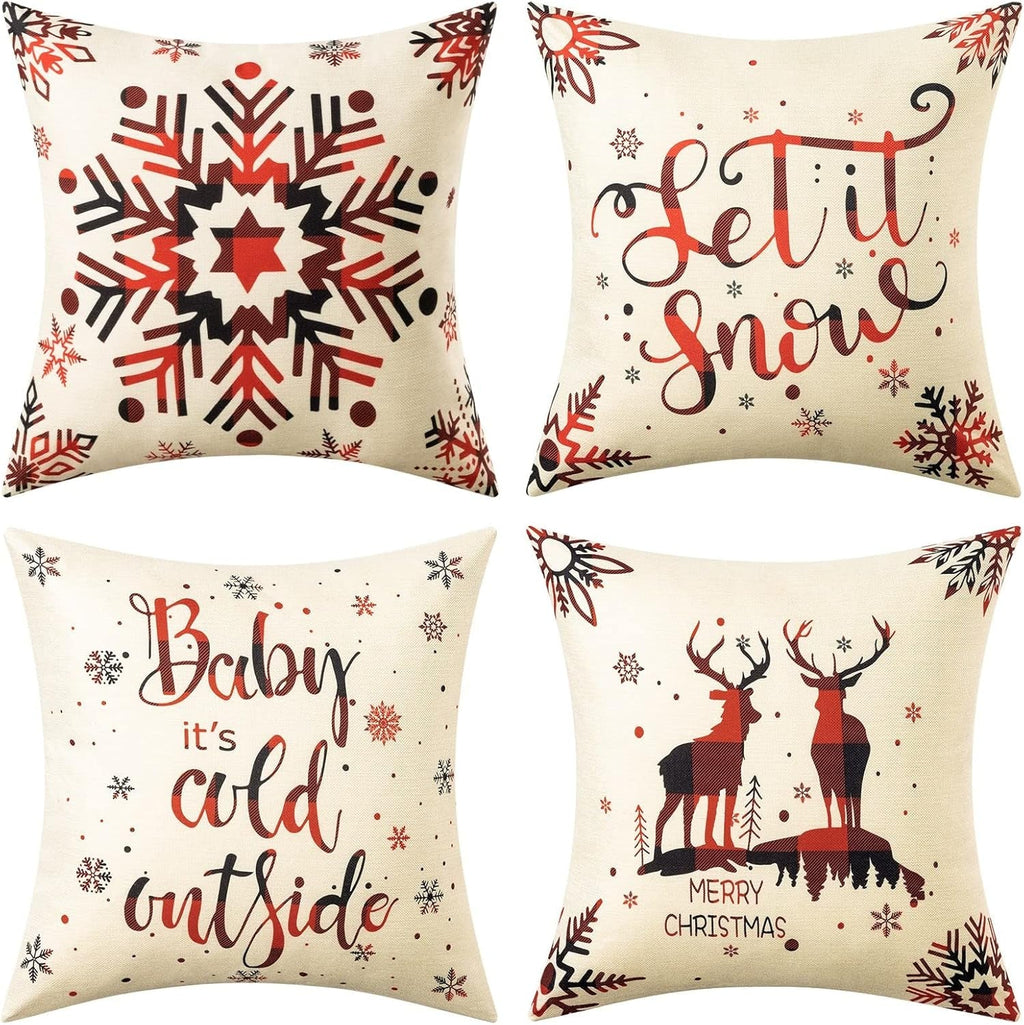 Cozy Christmas Charm™ 4-Pack Linen Pillow Covers – 18x18 Holiday Décor