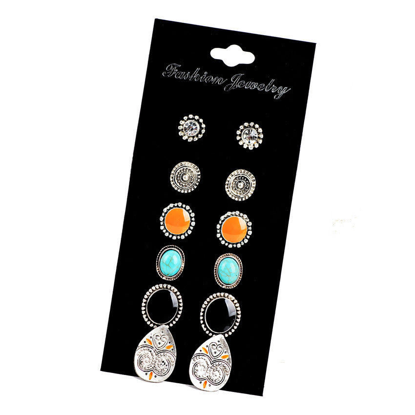 Boho Chic Vintage Gemstone Stud Earrings – 6-Pair Set | Trendy Everyday Jewelry for Women
