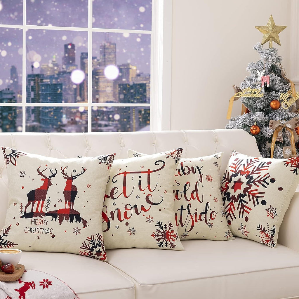 Cozy Christmas Charm™ 4-Pack Linen Pillow Covers – 18x18 Holiday Décor