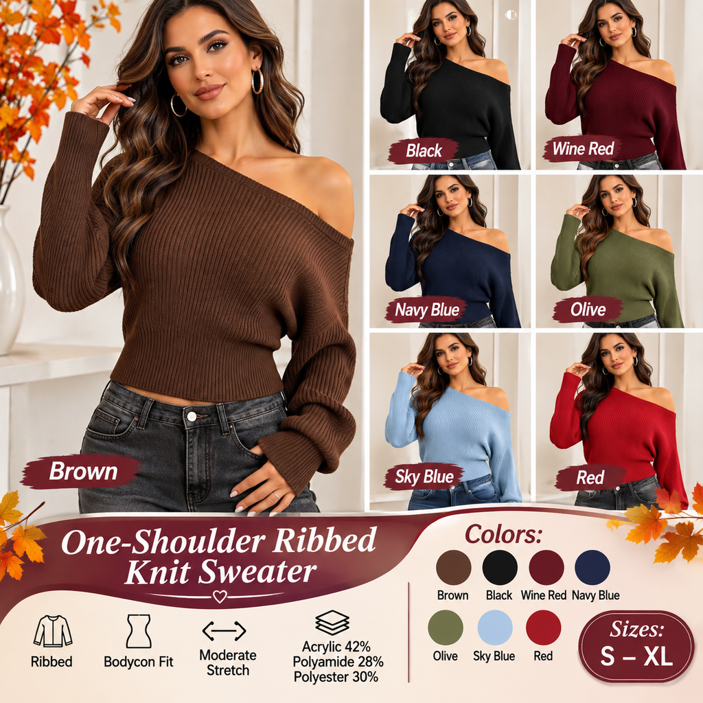 One Shoulder Ribbed Knit Sweater