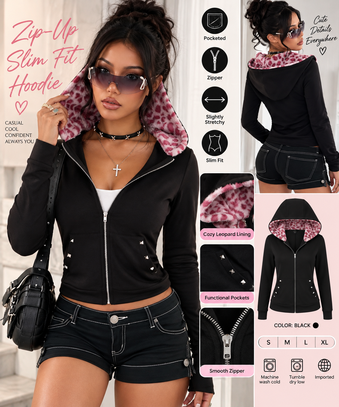 Flirty Leopard-Lined Zip-Up Hoodie