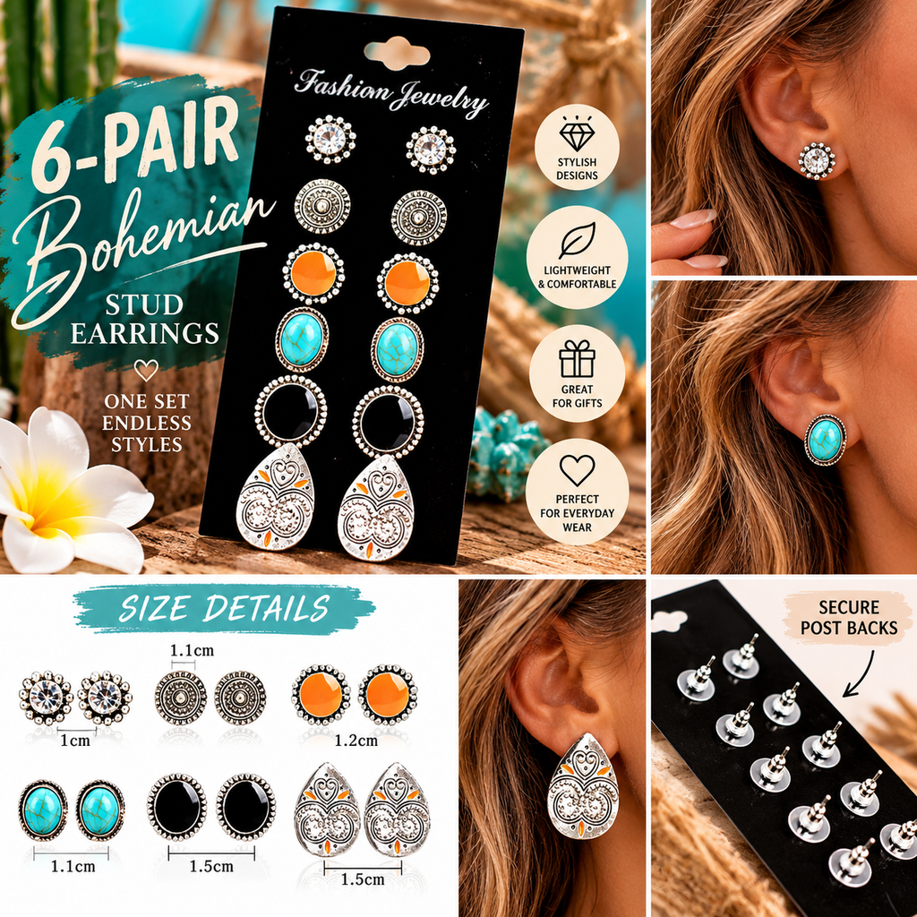 Boho Chic Vintage Gemstone Stud Earrings – 6-Pair Set | Trendy Everyday Jewelry for Women