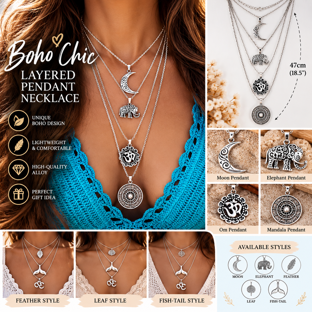 ✨ Boho Chic Layered Pendant Necklace Elephant, Moon &amp; Feather Jewelry Pendant Necklace
