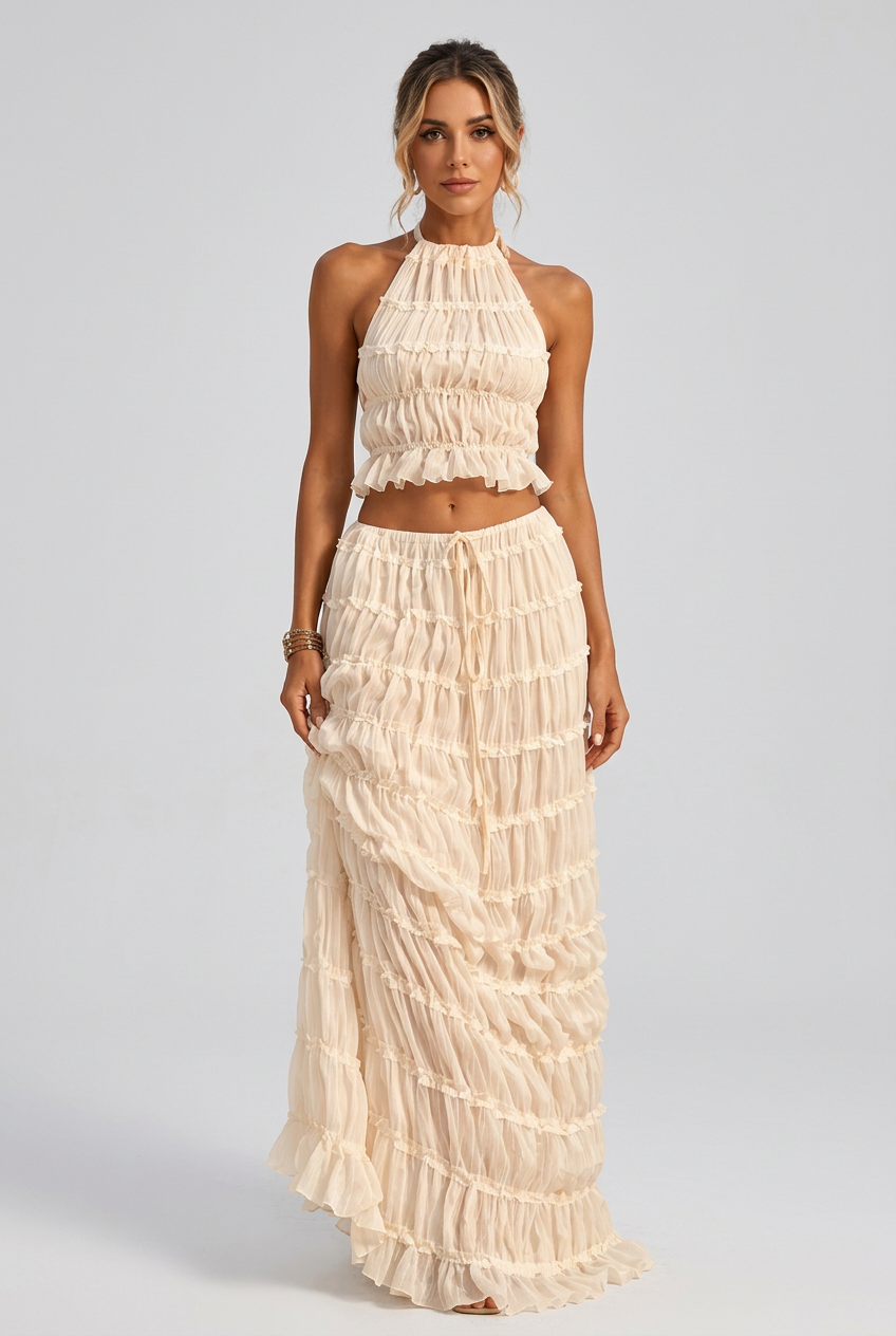 Women's boho halter crop top and maxi skirt set collage featuring five colors, ruffled details, open-back ties and tiered skirt.