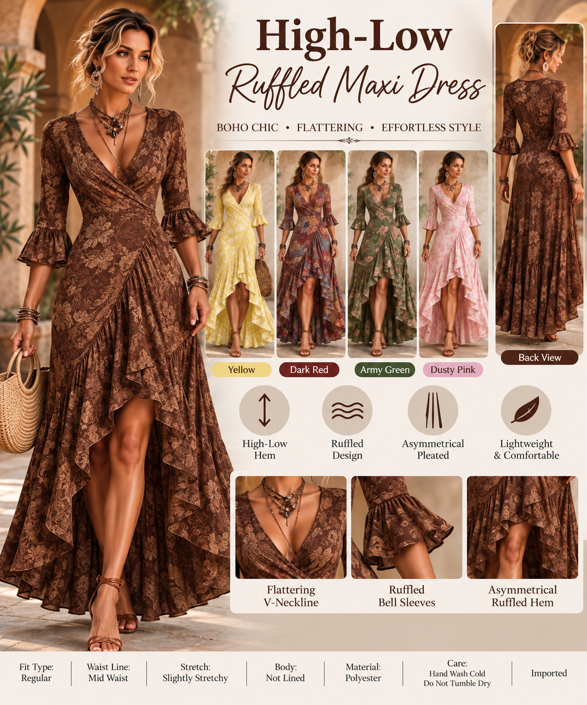 Women's floral high-low maxi dress collage showing five color options, ruffled bell sleeves and asymmetrical hemline.