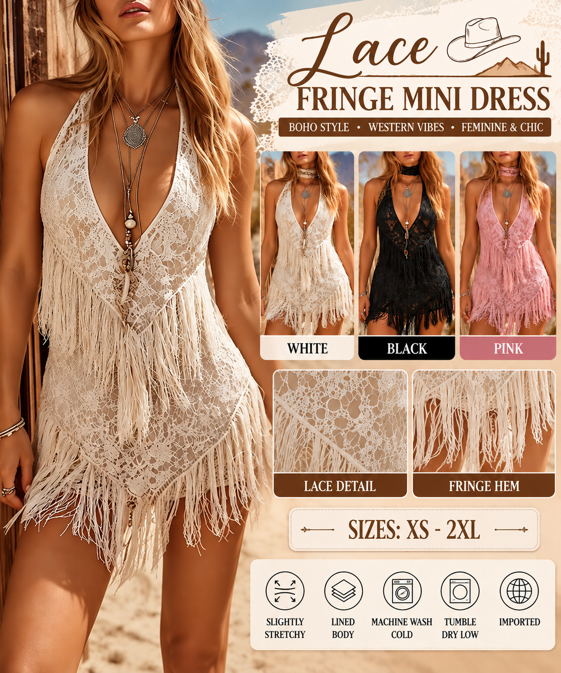 Women's lace halter fringe mini dress collage featuring white, black and pink colors, lace details and flowing fringe hem.