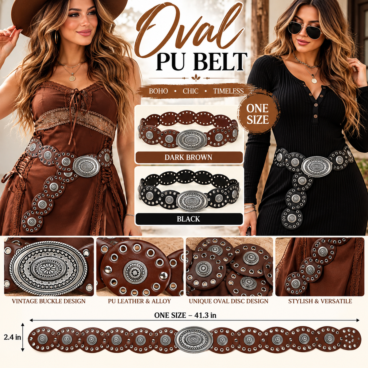 Women's Vintage Boho Western Oval Disc Belt