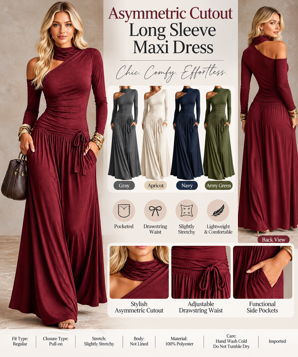 Women's asymmetric cutout maxi dress collage featuring five colors, long sleeves, drawstring waist, side pockets and flowing maxi-length skirt.