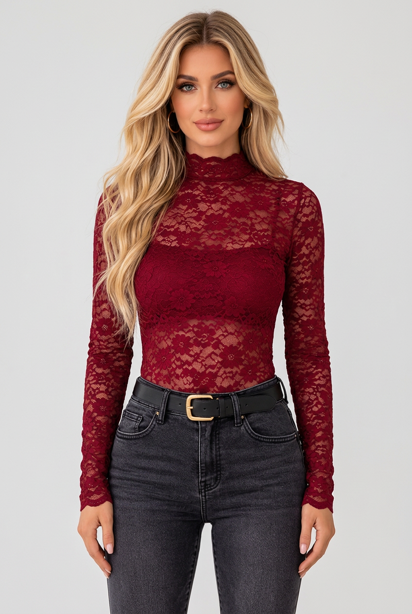 Mock Neck Floral Lace Long Sleeve Blouse