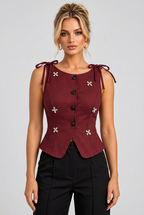 Button-Front Floral Decor Tie Shoulder Vest