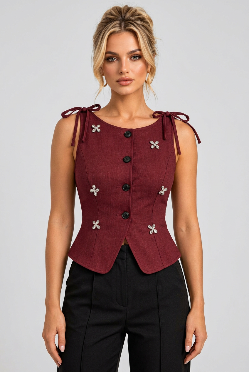 Button-Front Floral Decor Tie Shoulder Vest