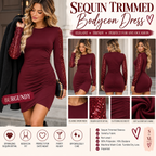 Women's burgundy sequin sleeve bodycon mini dress collage highlighting the sparkling sleeve details, ruched sides and tulip hem.