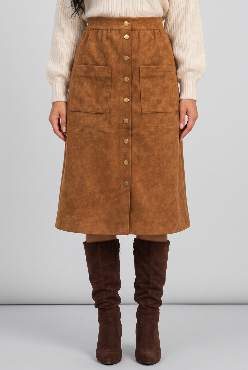 Women's caramel button-front midi skirt collage highlighting metallic-look buttons, patch pockets, seam details and midi-length silhouette.