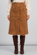 Women's caramel button-front midi skirt collage highlighting metallic-look buttons, patch pockets, seam details and midi-length silhouette.