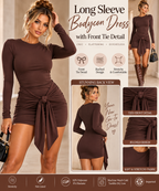 Women's chocolate brown bodycon mini dress collage highlighting the front knot tie, ruched detailing, fitted silhouette and long sleeves.