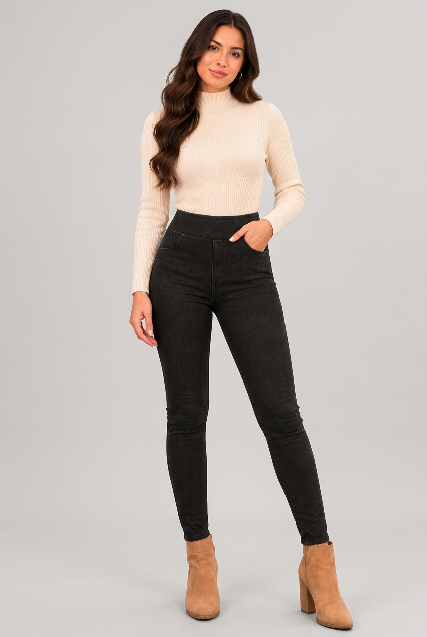 Women's black skinny jeans collage highlighting the fitted silhouette, stretch denim fabric and pocket details.
