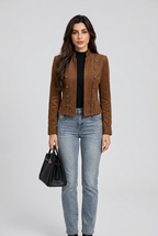 Vintage Chic Coffee Brown Stand Collar Cropped Jacket – Elegant Double-Button Detail
