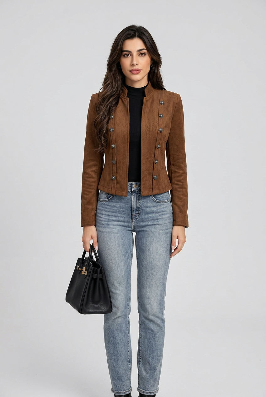 Vintage Chic Coffee Brown Stand Collar Cropped Jacket – Elegant Double-Button Detail
