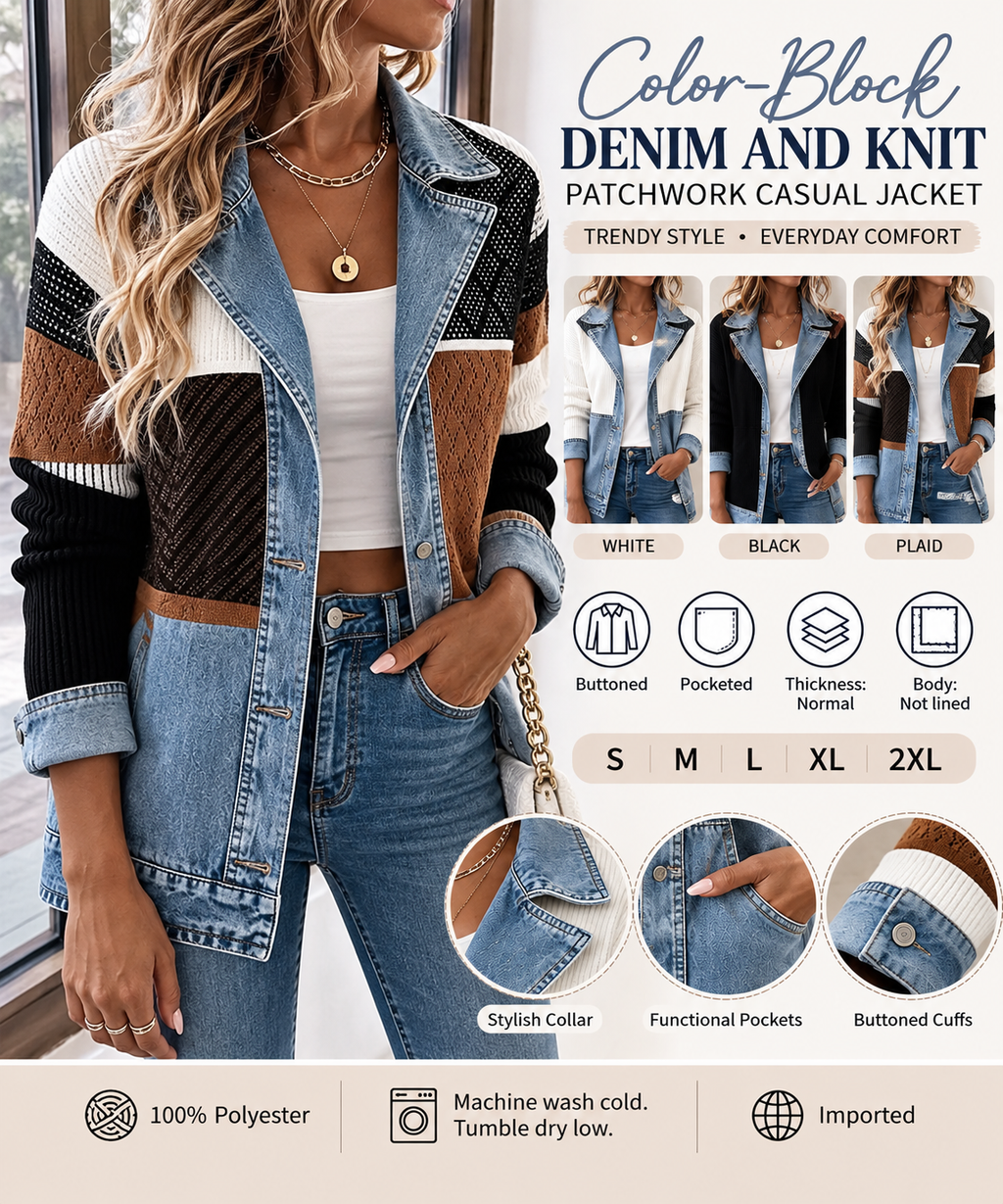 Color-Block Denim and Knit Patchwork Casual Jacket