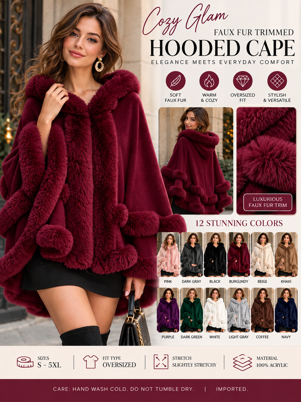 Glam Faux Fur Trimmed Hooded Cape