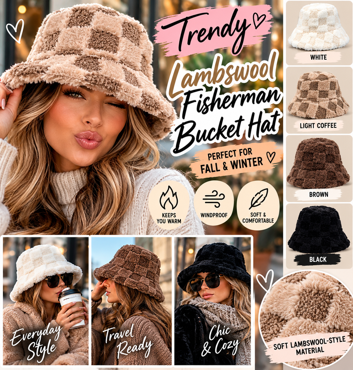 Cozy Chic Faux Lambswool Fisherman Bucket Hat – Trendy Soft & Warm Fall/Winter Fashion Accessory