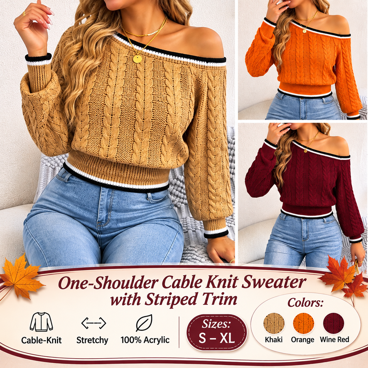 One-Shoulder Cable Knit Sweater with Striped Trim