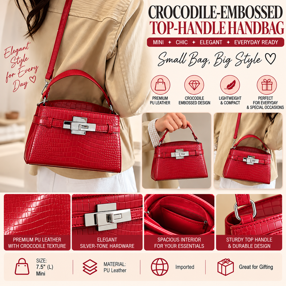 Crocodile-Embossed Top-Handle Handbag