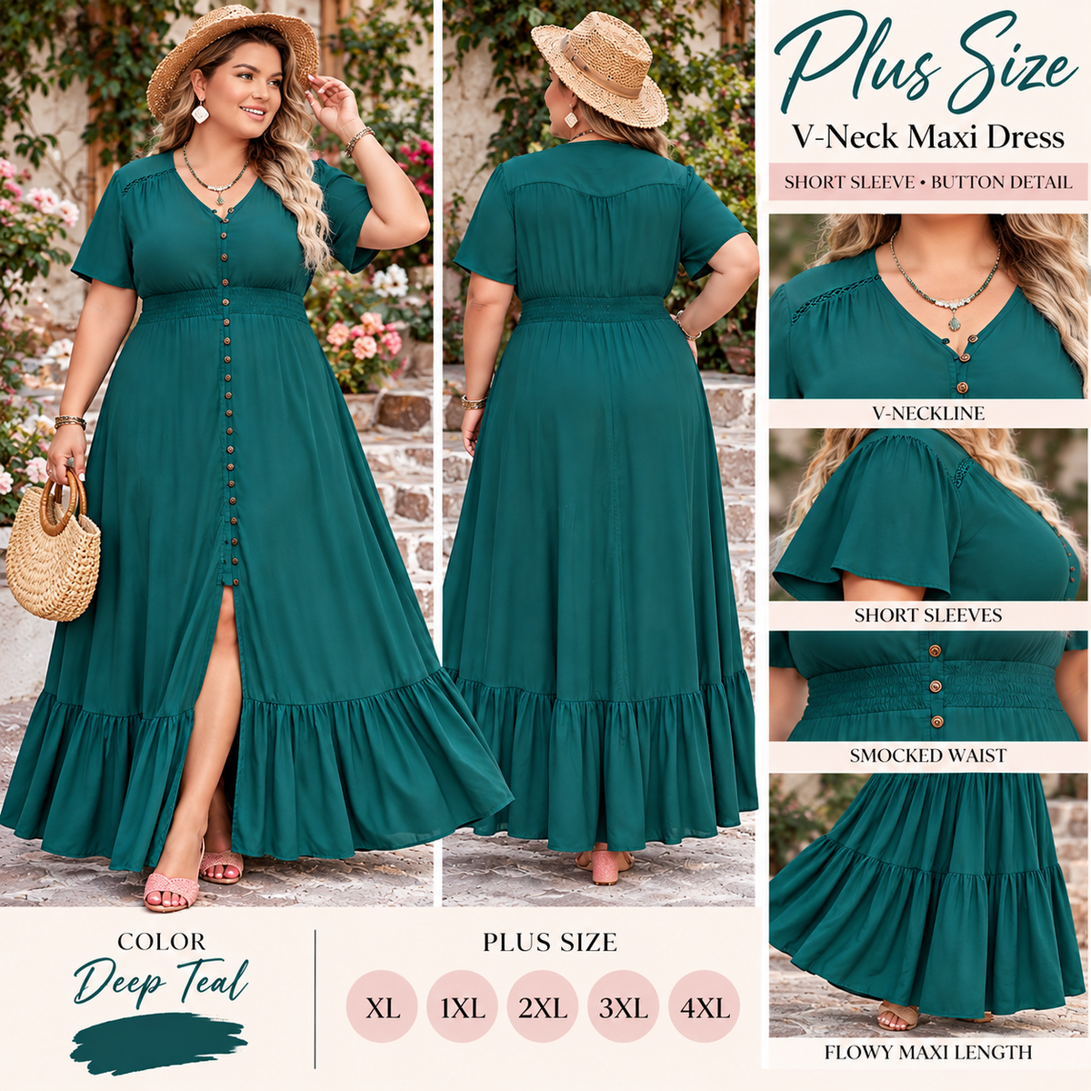 Women's Plus Size V-Neck Maxi Dress – Short Sleeve Button Detail Casual Long Dress