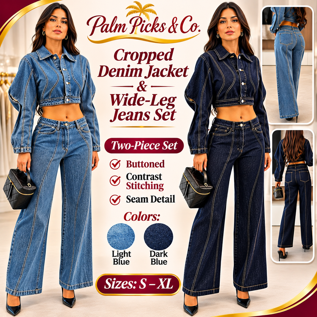 Palm Picks & Co. women's cropped denim jacket and wide-leg jeans matching set in Light Blue and Dark Blue, sizes S–XL.