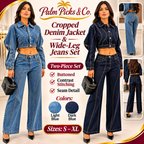 Palm Picks & Co. women's cropped denim jacket and wide-leg jeans matching set in Light Blue and Dark Blue, sizes S–XL.