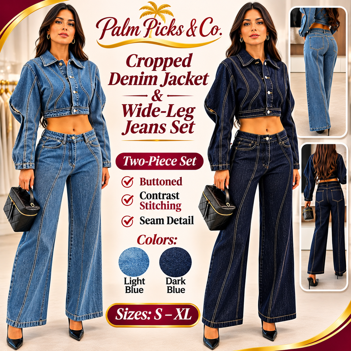 Palm Picks & Co. women's cropped denim jacket and wide-leg jeans matching set in Light Blue and Dark Blue, sizes S–XL.
