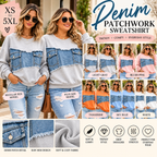 Full Size Denim Patchwork Dropped Shoulder Sweatshirt Plus Size