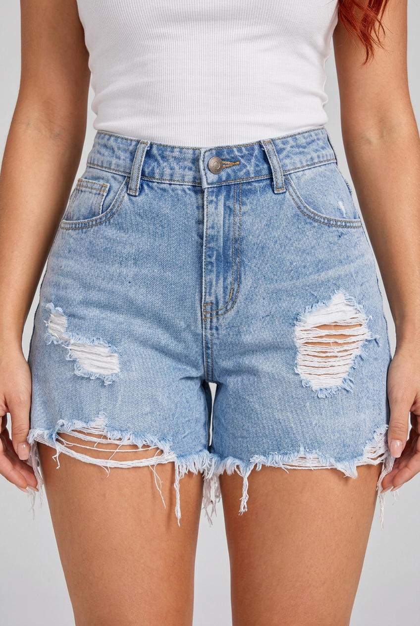 Women's high-waisted distressed denim-look shorts collage highlighting the ripped details, light-wash finish and frayed raw hems.
