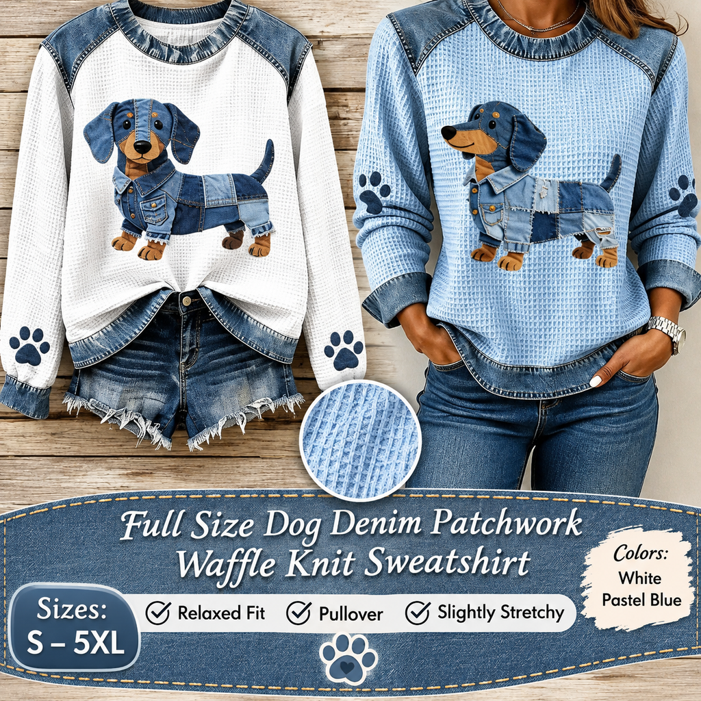 Dog Denim Patchwork Waffle Knit Sweatshirt – S–5XL