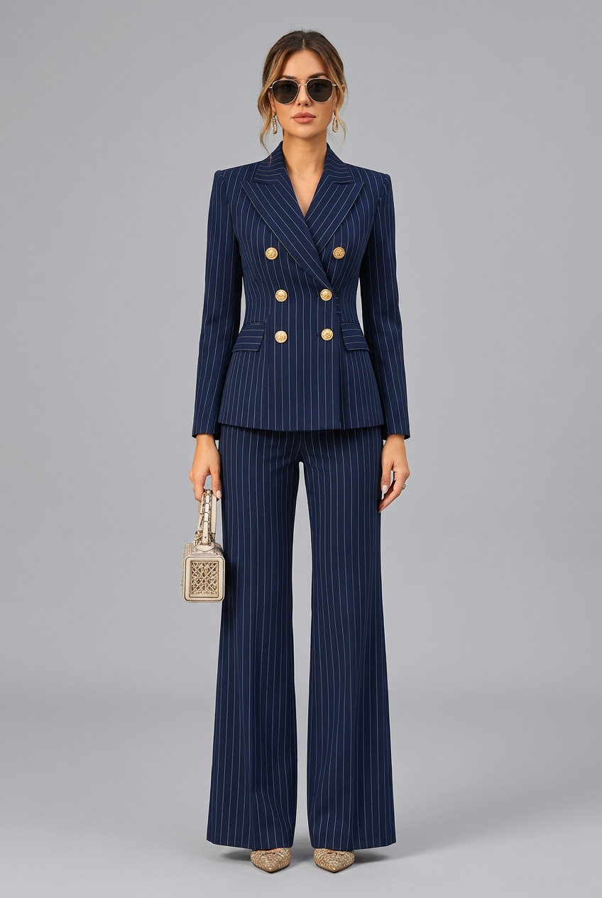 Women's pinstripe blazer and wide-leg pants set collage featuring six colors, double-breasted styling and tailored businesswear design.
