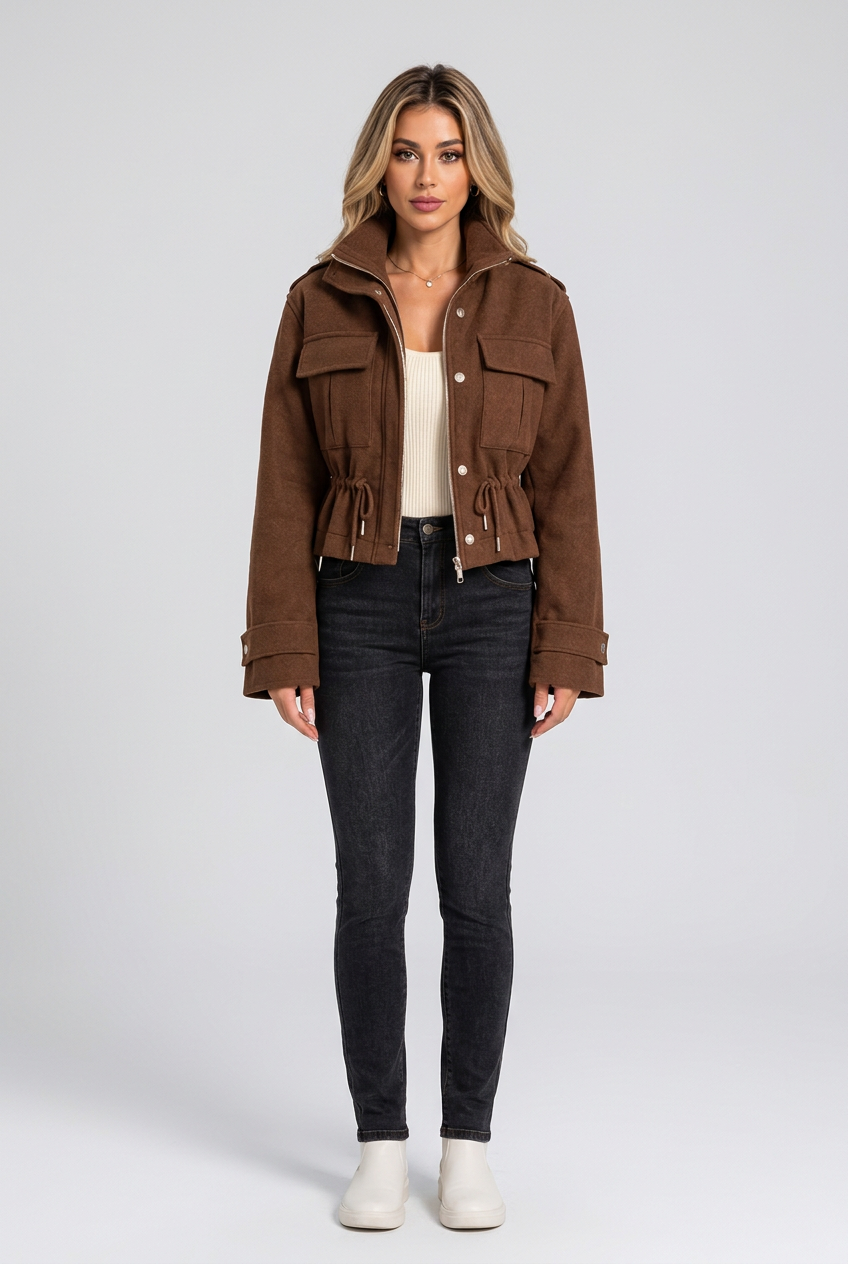 Drawstring Button-Up Casual Jacket