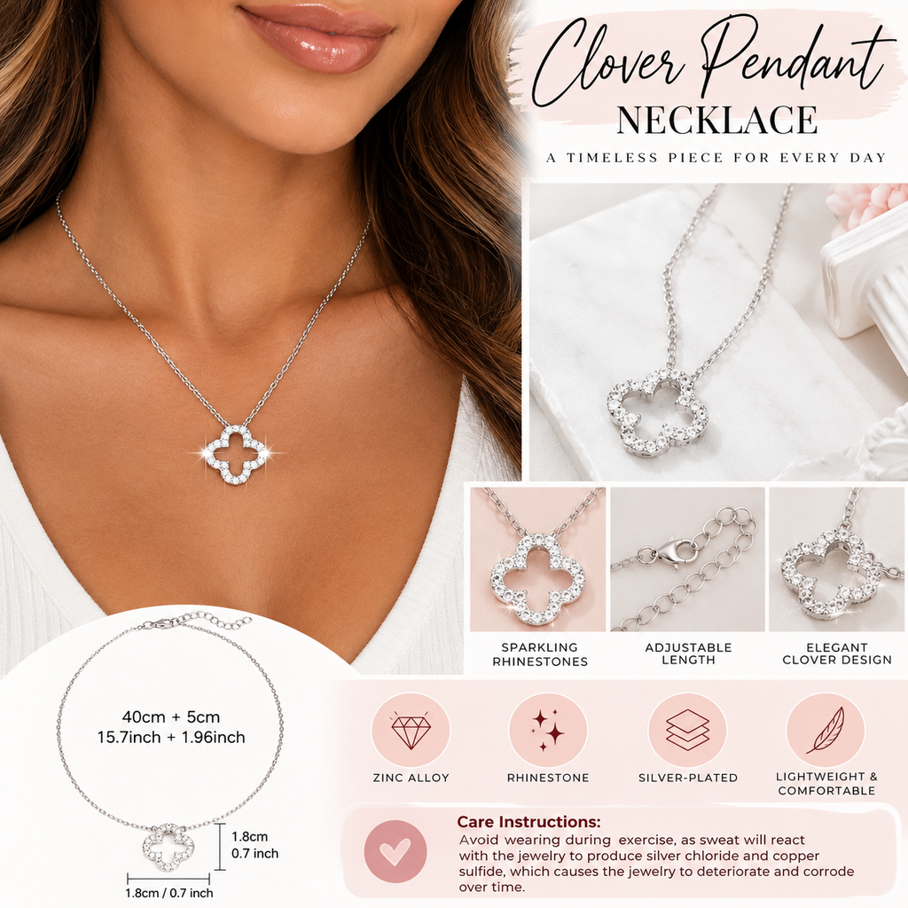 Silver-Plated Rhinestone Clover Pendant Necklace – Elegant Adjustable Chain