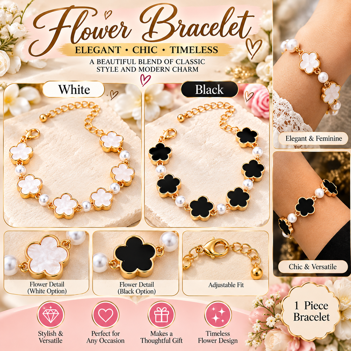 18K Gold-Plated Flower & Pearl Accent Bracelet Elegant Floral Jewelry