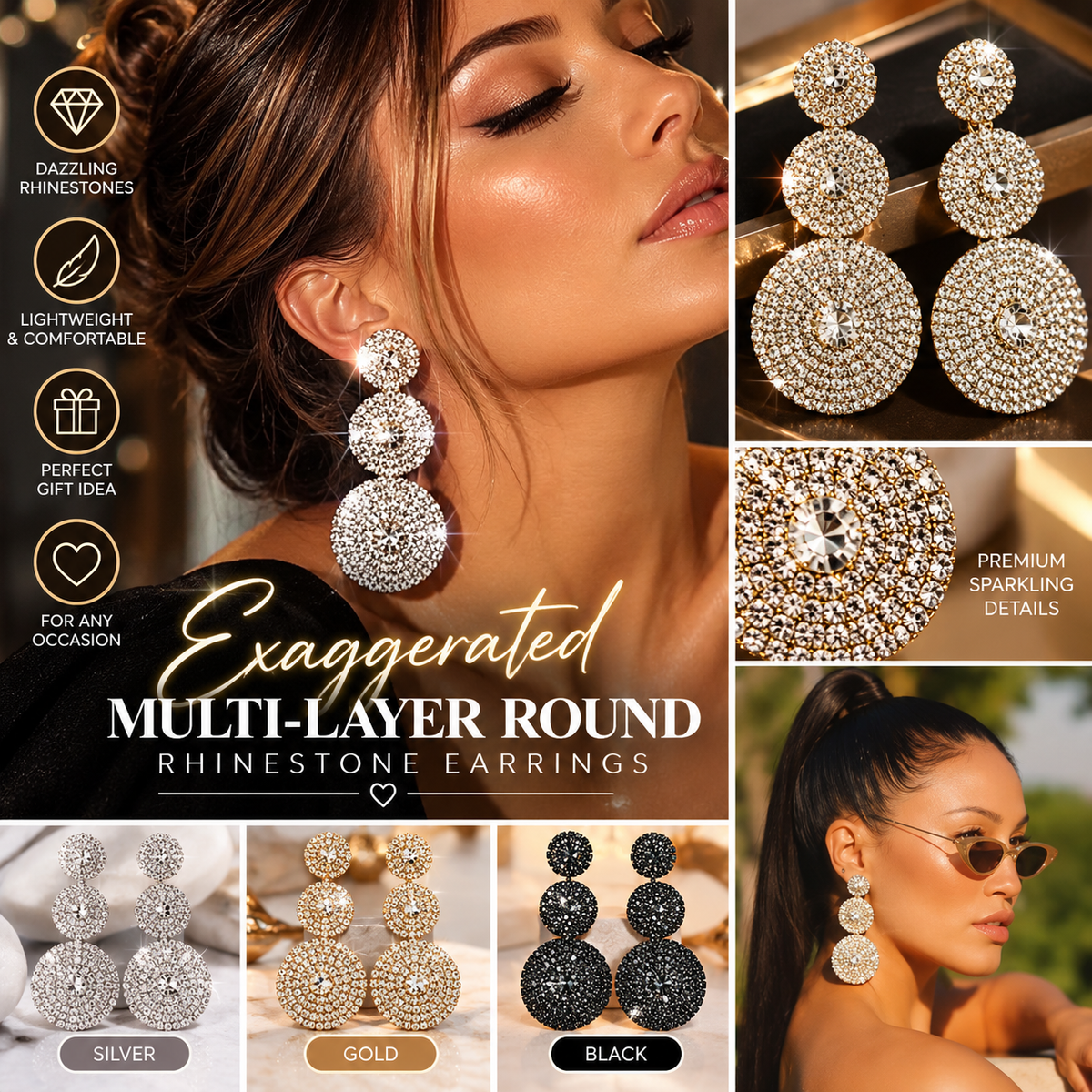 Luxe Layered Rhinestone Statement Earrings Dazzling Round Crystal Drop Earrings for Women